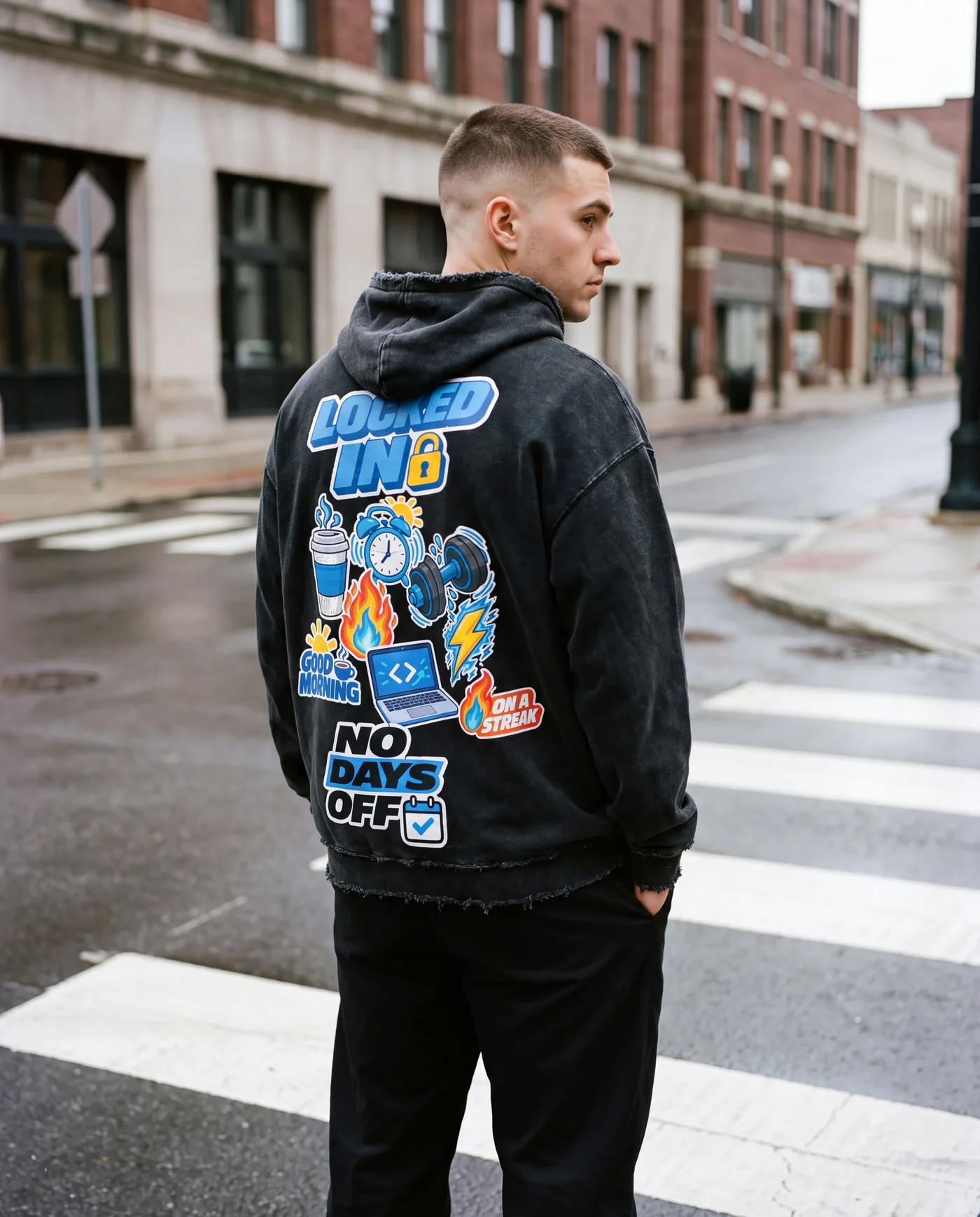 The Grind hoodie back print on a city crosswalk