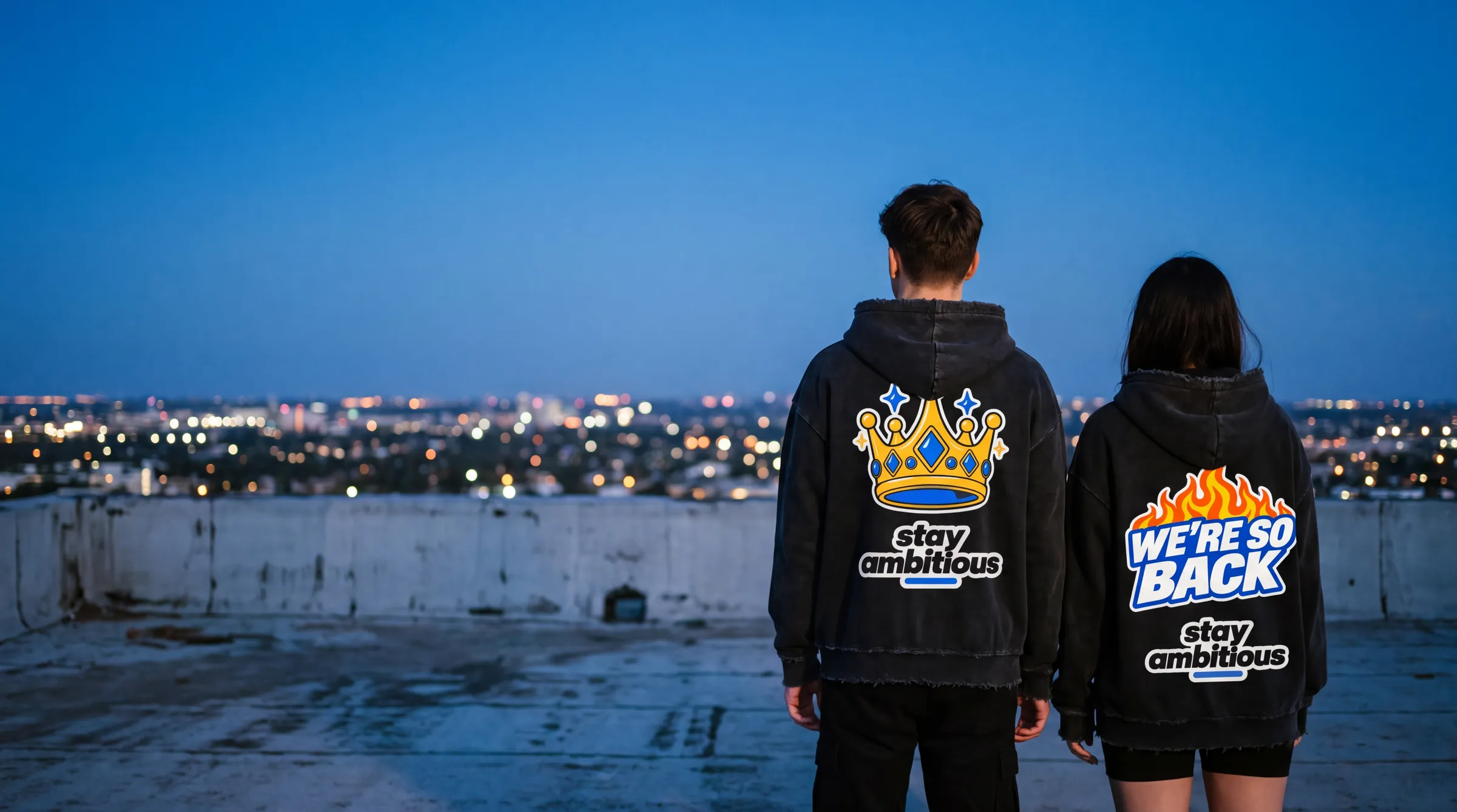 Two friends on a rooftop at dusk wearing the Crown and We’re So Back hoodies